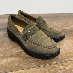 Clark's Women's Loafers Size 10.5 Dark Olive Suede 'Calla Ease" Slip On Shoe